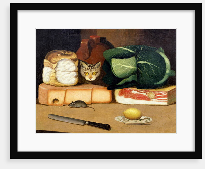 Larder still life with a cat hunting a mouse, c.1840 by English School