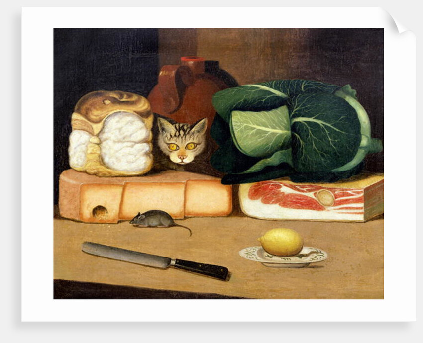 Larder still life with a cat hunting a mouse, c.1840 by English School