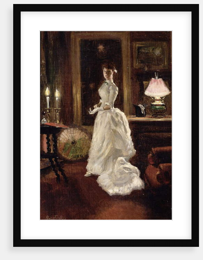 Interior scene with a lady in a white evening dress by Paul Fischer