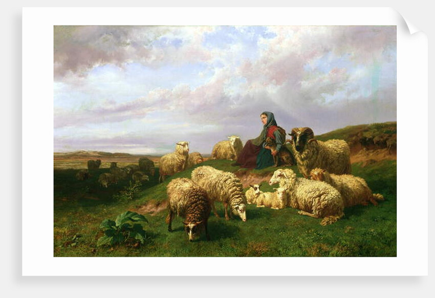 Shepherdess resting with her flock, 1867 by Edmond Jean-Baptiste Tschaggeny