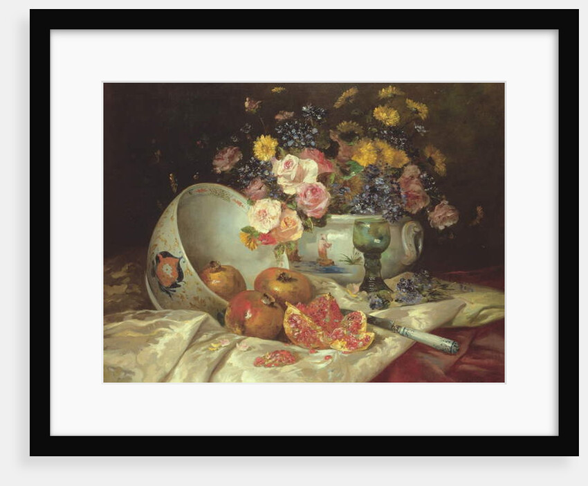 Still life of flowers in a Chinese vase with pomegranates by Eugene Henri Cauchois