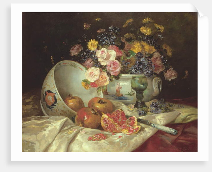 Still life of flowers in a Chinese vase with pomegranates by Eugene Henri Cauchois