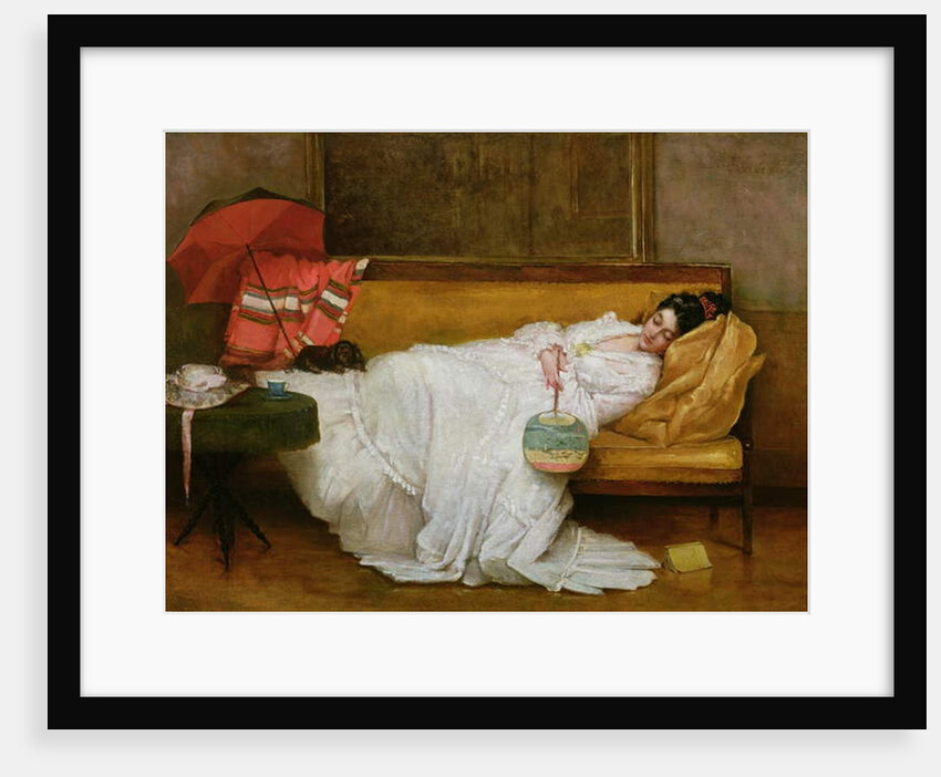 Girl in a white dress resting on a sofa by Alfred Emile Stevens