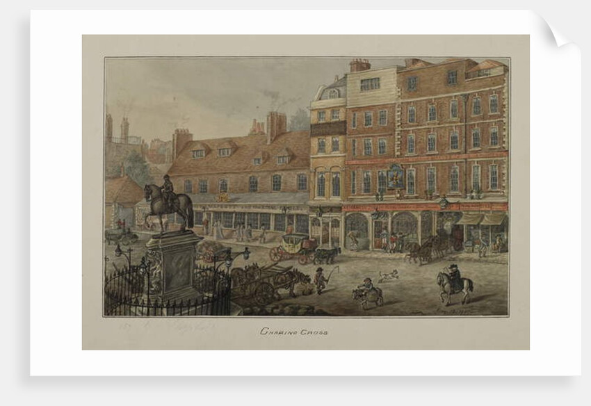 View of Charing Cross showing horse-drawn vehicles, figures and the Dublin Hotel Tavern and Coffee House, 1807 by George Shepherd