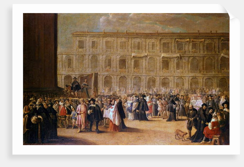 Actors in front of a representation of St. Marks Square by Italian School