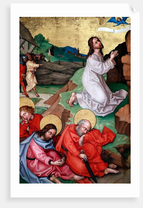 Jesus praying in the gardenof Gethsemane after the Last Supper, while the disciples sleep by Martin Schongauer