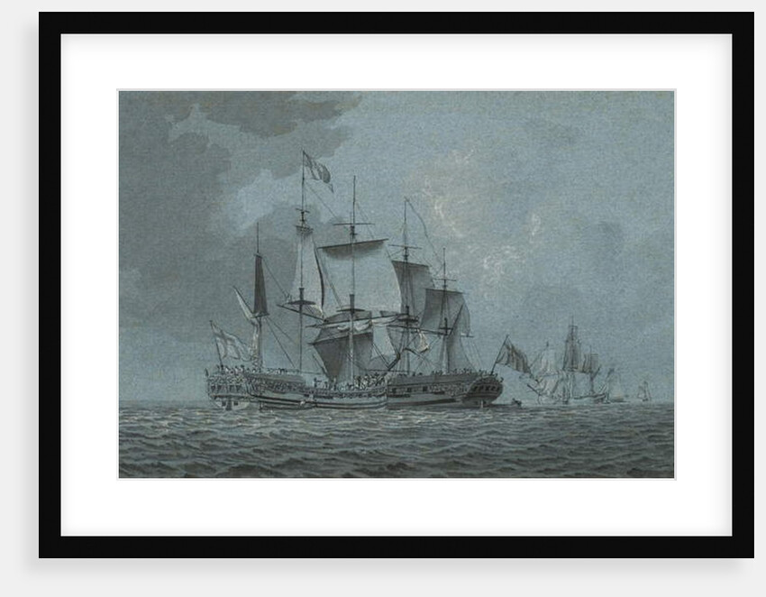 An Admiralty yacht coming alongside a man-o-war which has hove-to to await her arrival, with other vessels beyond by Robert Cleveley