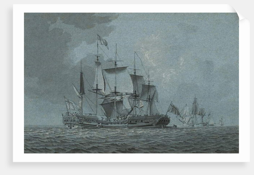 An Admiralty yacht coming alongside a man-o-war which has hove-to to await her arrival, with other vessels beyond by Robert Cleveley