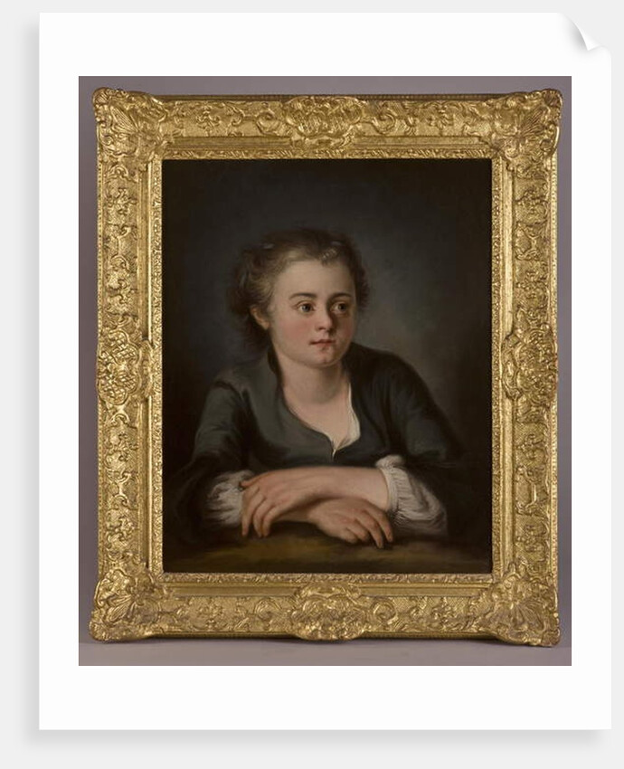 Portrait of a young girl, wearing a green dress and white chemise, seated before a table by French School