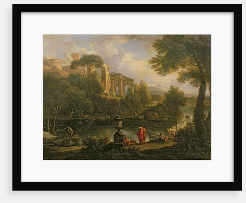Landscape with figures by a pool with ruins in the background by Jan Frans van Bloemen