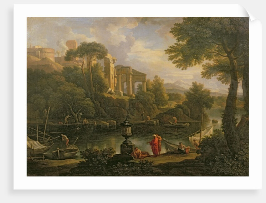 Landscape with figures by a pool with ruins in the background by Jan Frans van Bloemen