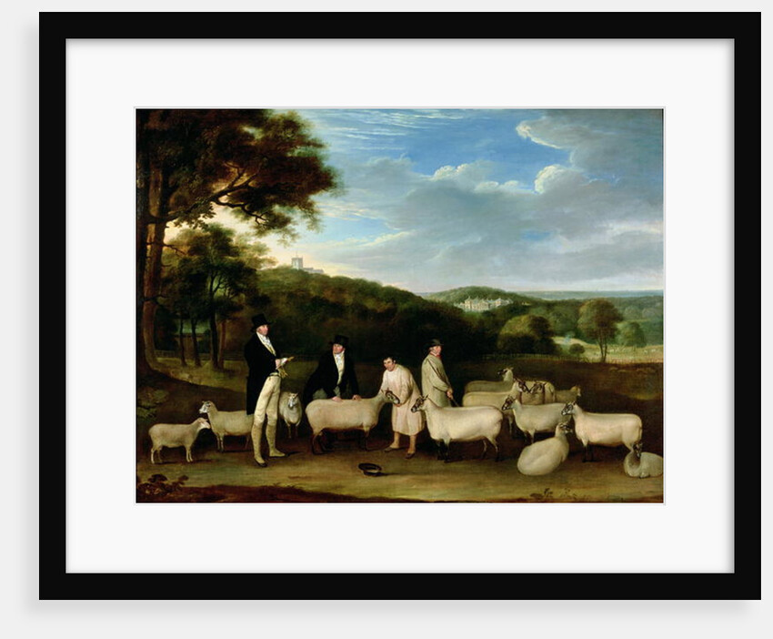 Portrait of Thomas William Coke, Esq. inspecting some of his South Down sheep with Mr Walton and the Holkham shepherds by Thomas Weaver