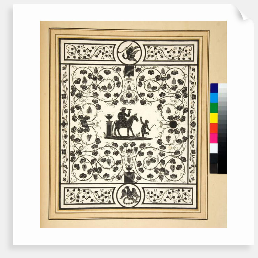 Copy of a mosaic pavement, black on white, Pavimento di Bacco del Palazzo di Augusto by Pietro Santi Bartoli