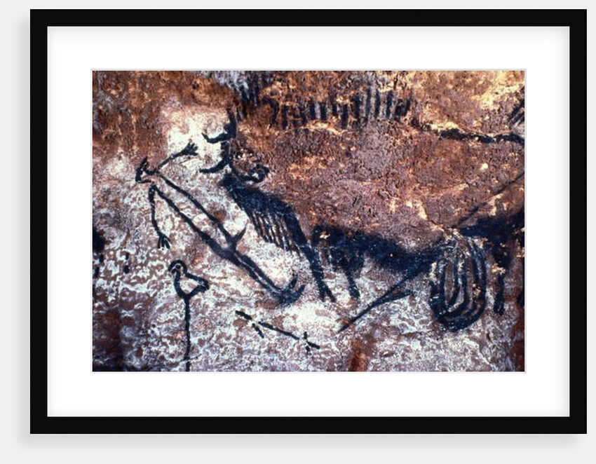Prehistoric art: Scene of the Well: a man with a bird head and seems to fall or being pushed by a bison by Prehistoric Prehistoric