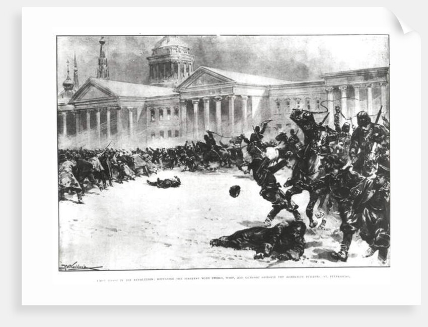 First Blood in the Revolution: Repulsing the Strikers with Sword, Whip and Gunshot opposite the Admiralty Building, St. Petersburg, 1905 by H.W. Kockkock