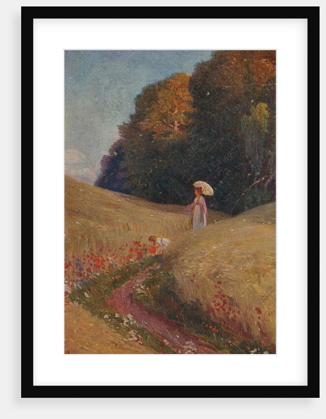 Historic greeting card after a painting, Mother and daughter walking in a flower meadow by Unknown Artist