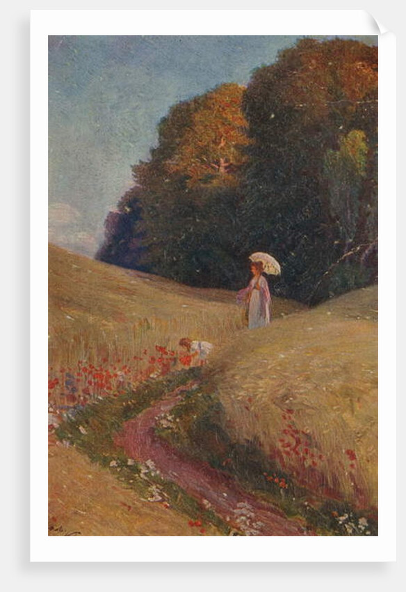Historic greeting card after a painting, Mother and daughter walking in a flower meadow by Unknown Artist