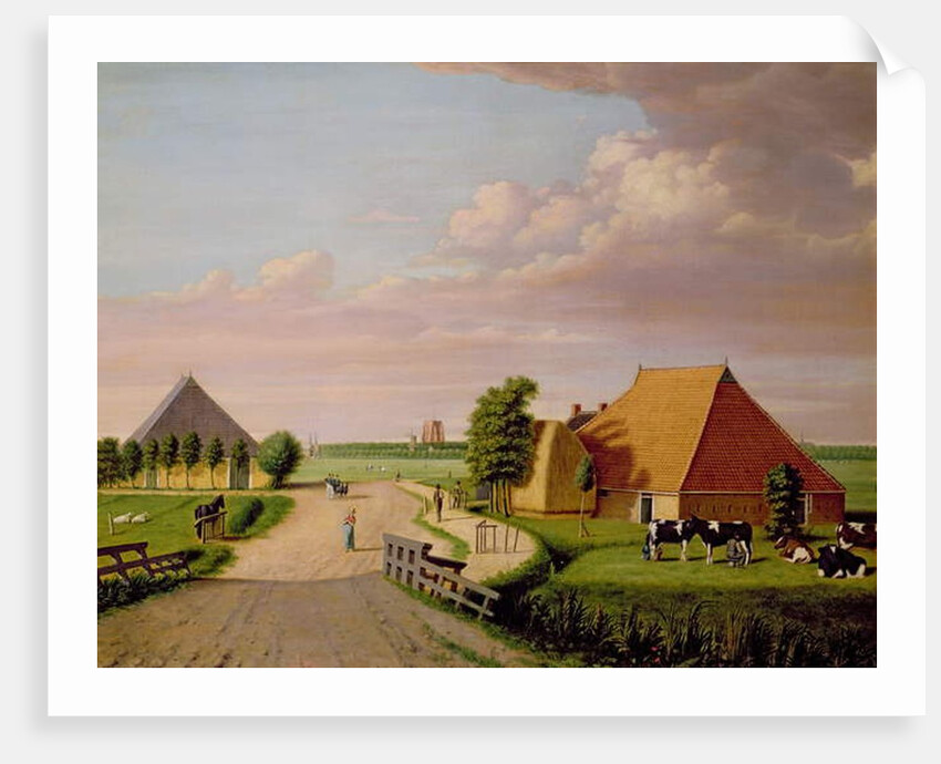 A study of Leevwarden in Holland with a herd of Friesian cattle in the foreground by Dutch School