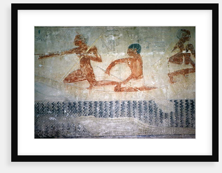 Fishermen and a crocodile from the North wall of the Mastaba Chapel of Ti, Old Kingdom by Egyptian 5th Dynasty