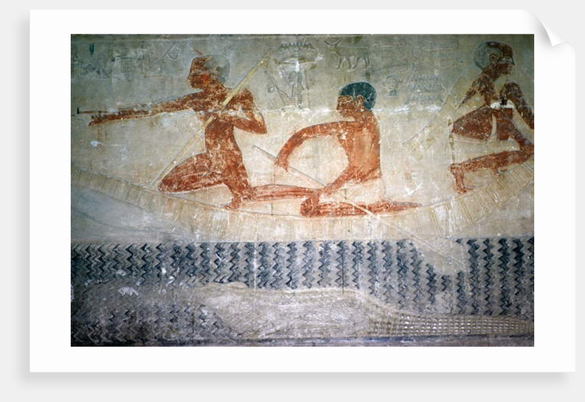 Fishermen and a crocodile from the North wall of the Mastaba Chapel of Ti, Old Kingdom by Egyptian 5th Dynasty