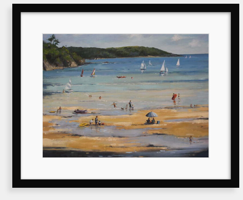 Salcombe North Sands, blue umbrella by Jennifer Wright