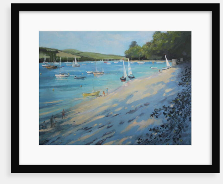 Salcombe Fishermans Cove, blue & white sail by Jennifer Wright