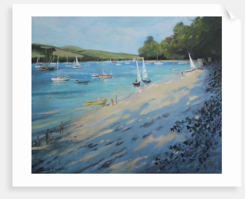 Salcombe Fishermans Cove, blue & white sail by Jennifer Wright