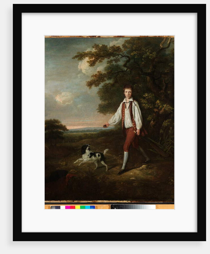 Portrait of a youth holding a cricket bat and ball with his pet black and white springer spaniel in a clearing by a wooded landscape by Hugh Barron