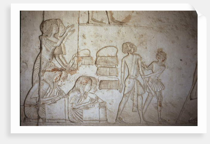 Relief depicting scribes at work by Egyptian 18th Dynasty