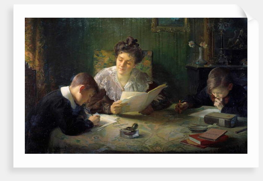 Homework A mother helps children do their homework, 20th century by Henri Jamet