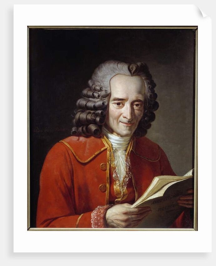 Portrait of Voltaire holding L'Annee Litteraire by Freron by Jacques Augustin Catherine Pajou