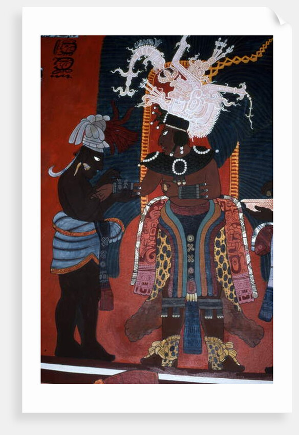 Reproduction of a mural showing a servant dressing a ruler for a ceremony by Mayan Mayan