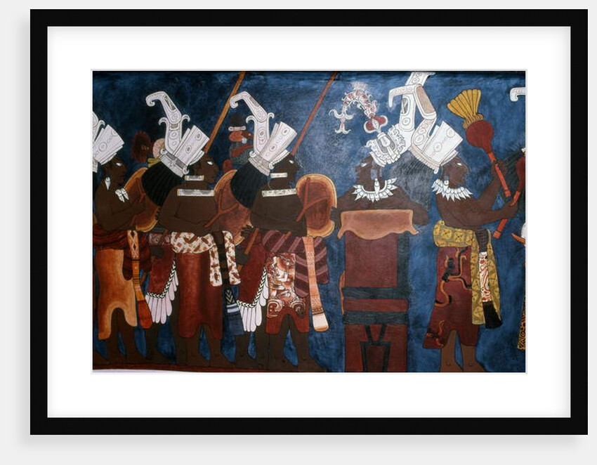 Reproduction of a mural showing servants and musicians during a ceremony by Mayan Mayan