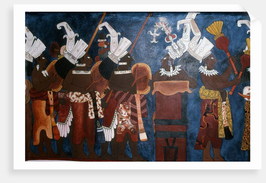 Reproduction of a mural showing servants and musicians during a ceremony by Mayan Mayan