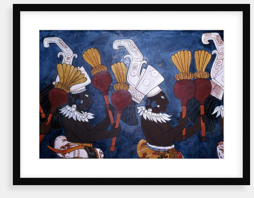 Reproduction of a mural showing musicians with rattles during a ceremony by Mayan Mayan