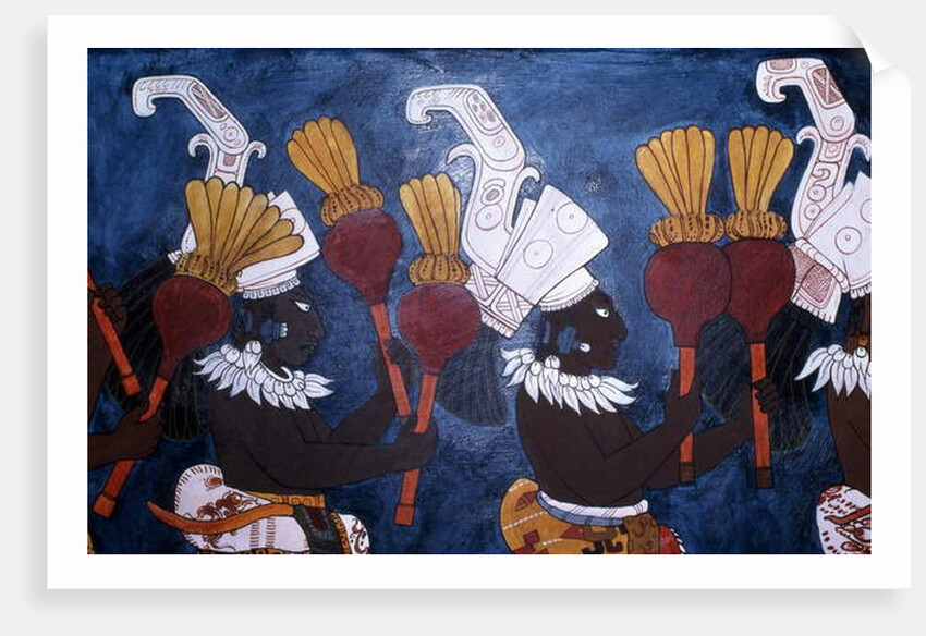 Reproduction of a mural showing musicians with rattles during a ceremony by Mayan Mayan