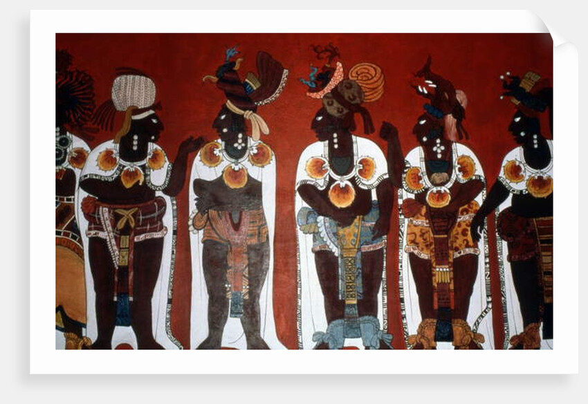 Reproduction of a mural showing noble men dressed for a ceremony by Mayan Mayan