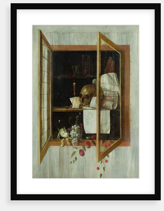 Vanitas still life seen through a trompe l'oeil window by Cornelis Norbertus Gijsbrechts