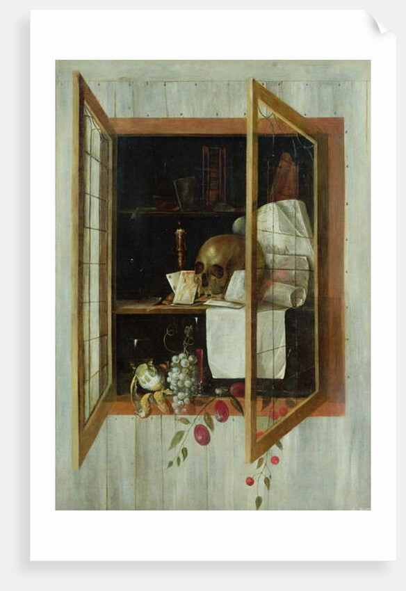 Vanitas still life seen through a trompe l'oeil window by Cornelis Norbertus Gijsbrechts