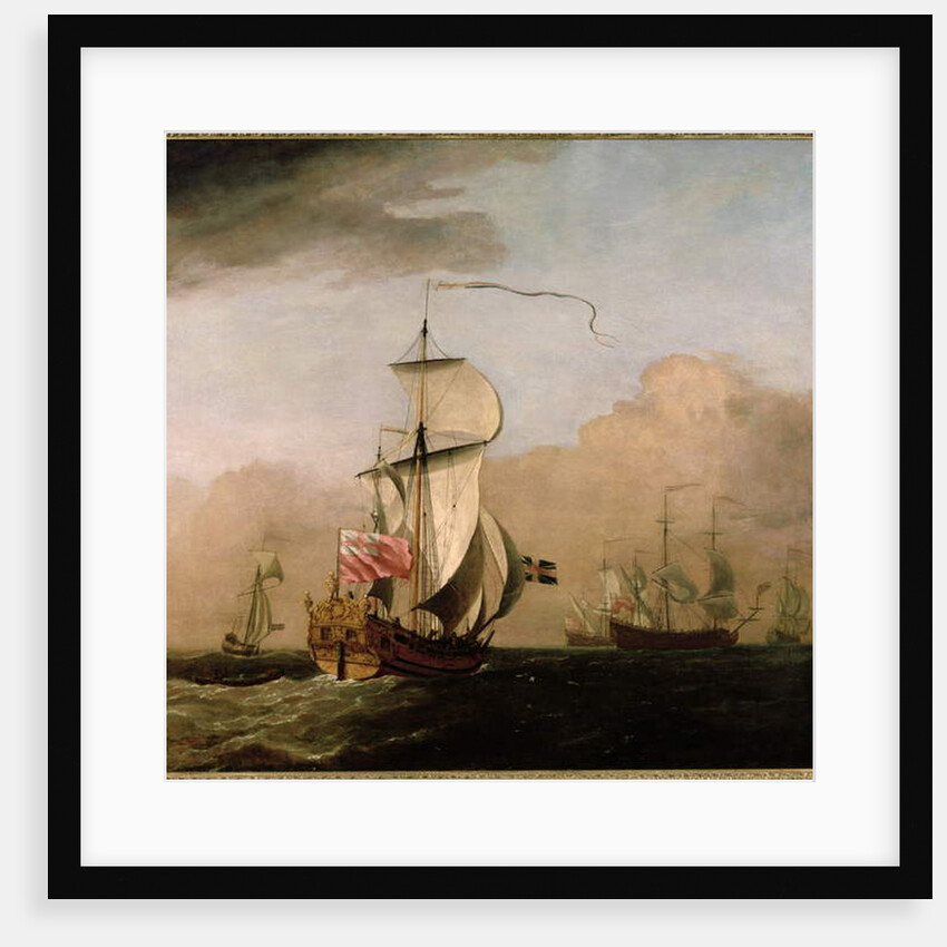 The Second Duke of Albemarle's Ketch with a yacht to the left and three warships in the distance to the right by Willem van de the Younger Velde
