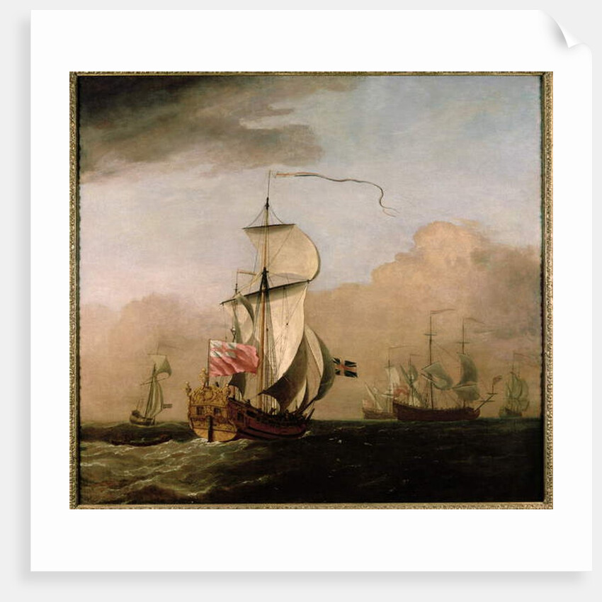 The Second Duke of Albemarle's Ketch with a yacht to the left and three warships in the distance to the right by Willem van de the Younger Velde