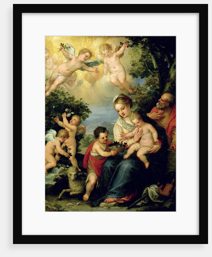 The Holy Family with St. John the Baptist and Flower Dispensing Angels by Hans I or Johann Rottenhammer
