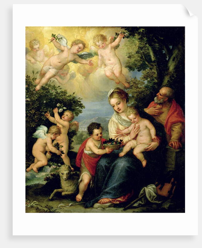 The Holy Family with St. John the Baptist and Flower Dispensing Angels by Hans I or Johann Rottenhammer