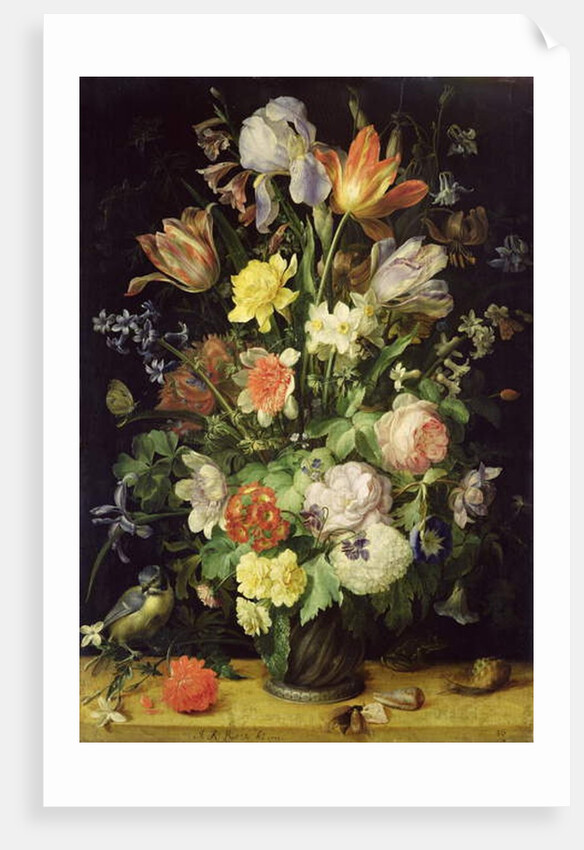 Still Life with Flowers and Blue Tit by Johann Rudolf Byss