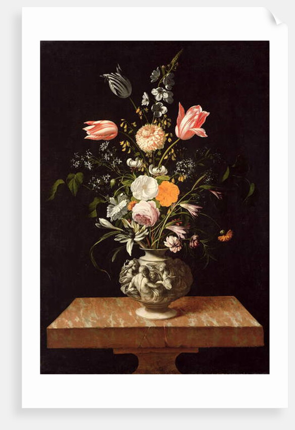 Vase with Relief and Flowers on a Marble Table by Johann Georg (1630/31-88) Hinz