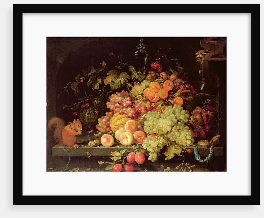 Still Life with Fruit, Squirrel and Goldfinch by Abraham Mignon