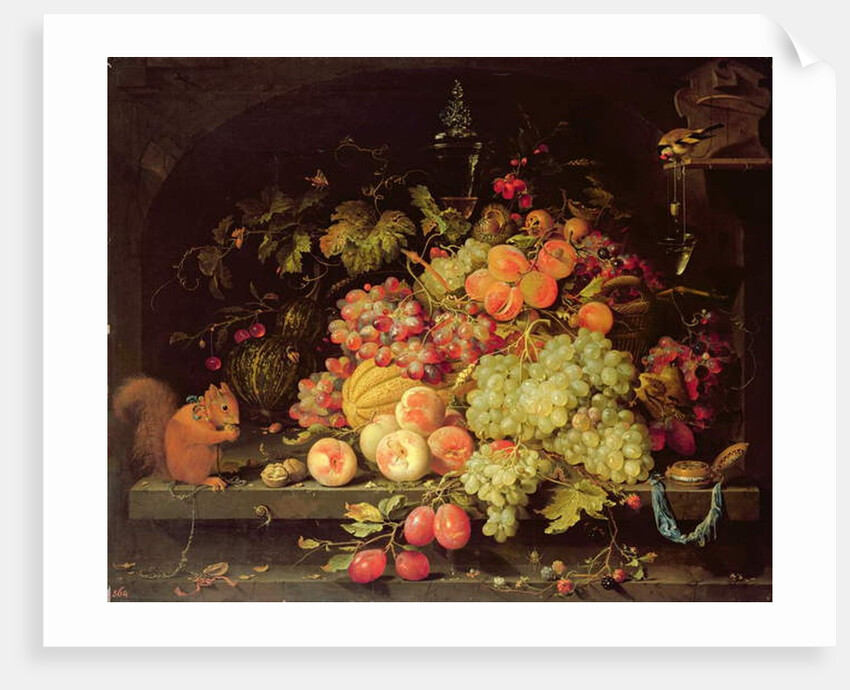 Still Life with Fruit, Squirrel and Goldfinch by Abraham Mignon