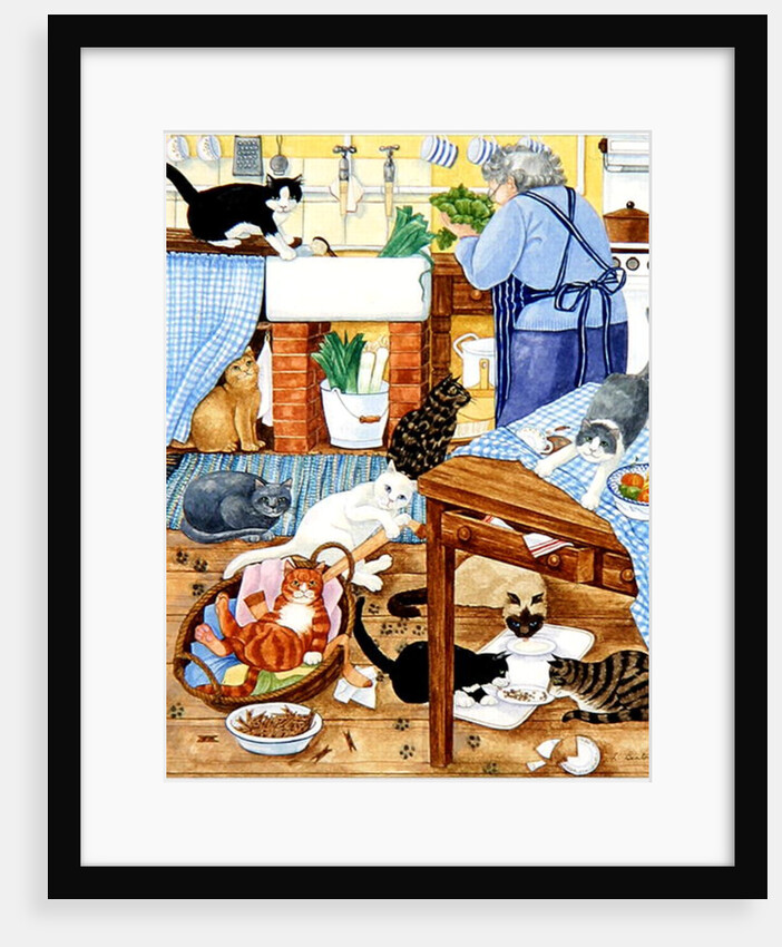 Grandma and 10 cats in the kitchen by Linda Benton