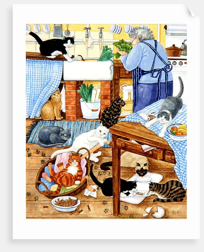 Grandma and 10 cats in the kitchen by Linda Benton