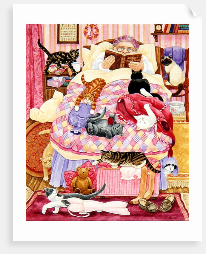 Grandma and 10 cats in the bedroom by Linda Benton
